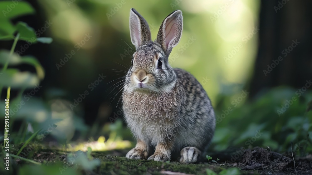 Fototapeta premium Adorable rabbit sitting in a patch of soft green grass under the warm sunlight on a beautiful spring day