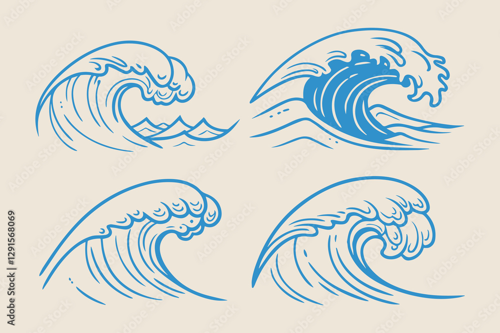 Obraz premium Hand-Drawn Sea Waves Sketch Set, Vintage Storm Waves, Ocean Tides, and Beach Storms Vector Illustrations