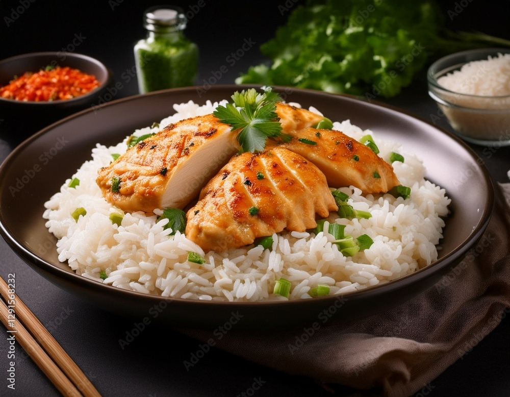 Fotografía de estudio profesional Imagen de filetes de pollo asado con arroz, estilo ultrarrealista, realista, 4k
Fotografía de estudio profesional Imagen de filetes de pollo asado con arroz, estilo ultrarrealista, realista, 4k