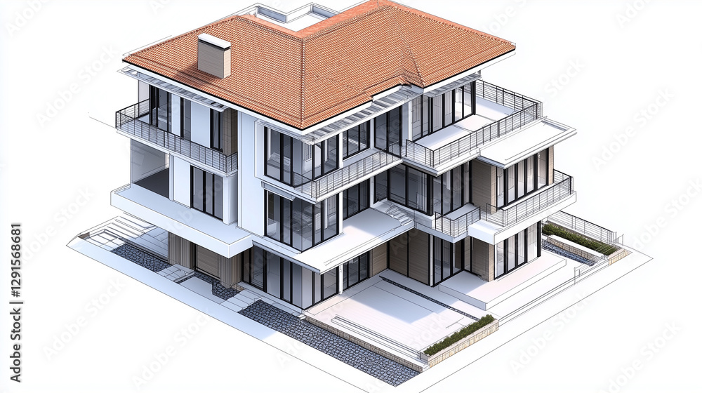 A detailed CAD-style architectural blueprint for a modern three-story home, presented in isometric perspective with emphasis on exterior design A detailed CAD-style architectural blueprint for a modern three-story home, presented in isometric perspective with emphasis on exterior design