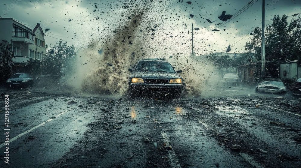 Obraz premium Car driving through a large puddle creating splashes on a rainy day on a city street