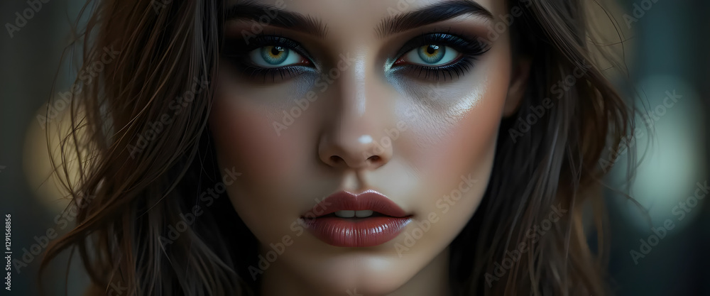 Fototapeta premium Captivating portrait of a young woman with striking eyes studio setting photography dramatic lighting close-up beauty concept