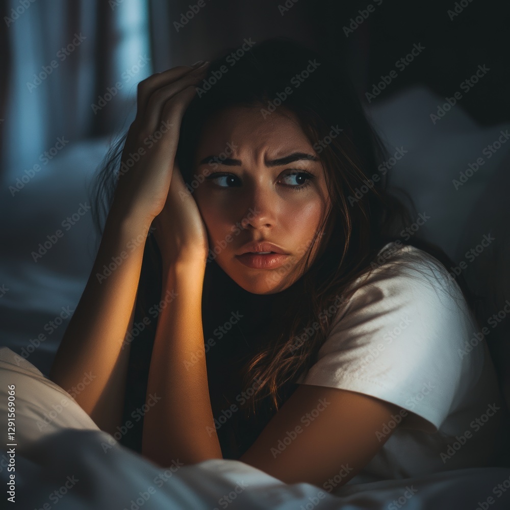 Worried Young Woman in Bed at Night Worried Young Woman in Bed at Night