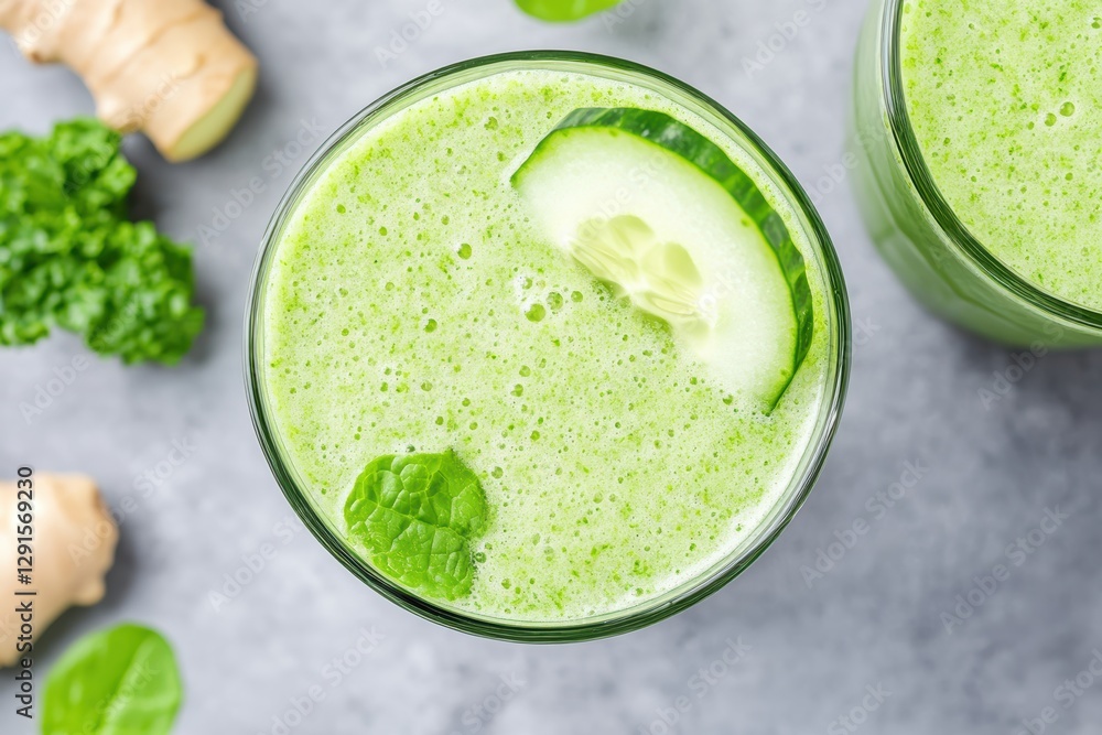 Refreshing Green Detox Juice in Stylish Glasses with Ingredients Refreshing Green Detox Juice in Stylish Glasses with Ingredients