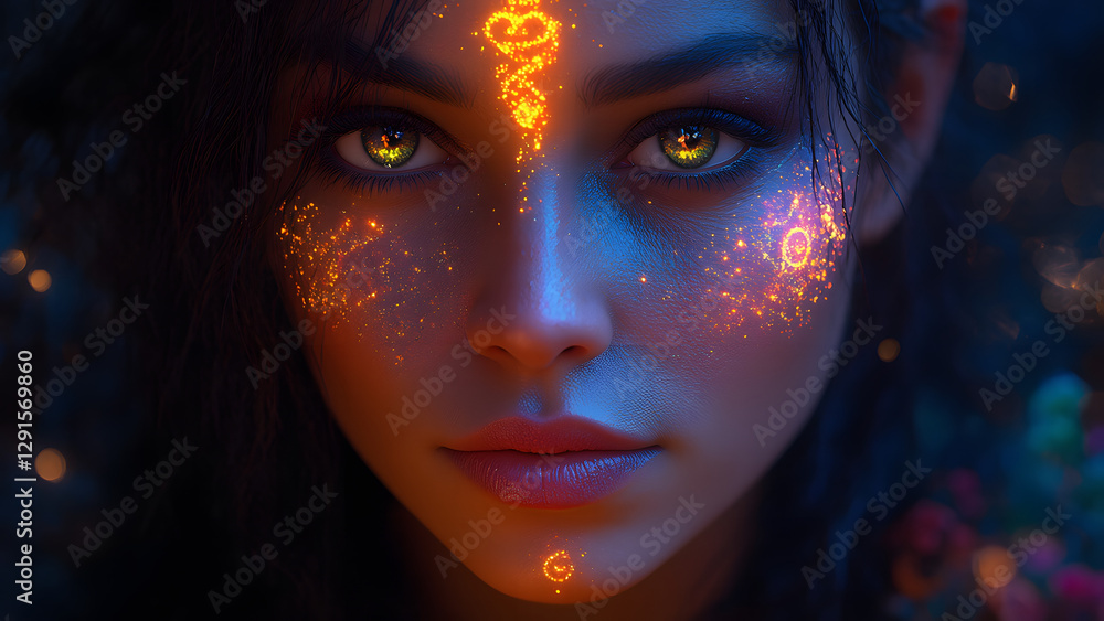 Mystical portrait of a woman with illuminated features in a magical forest fantasy art close-up view ethereal concept
