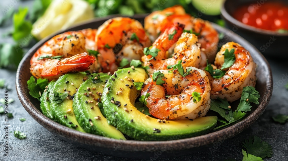 Grilled Shrimp with Avocado and Cilantro on Dark Plate, Spicy Sauce in Background Grilled Shrimp with Avocado and Cilantro on Dark Plate, Spicy Sauce in Background