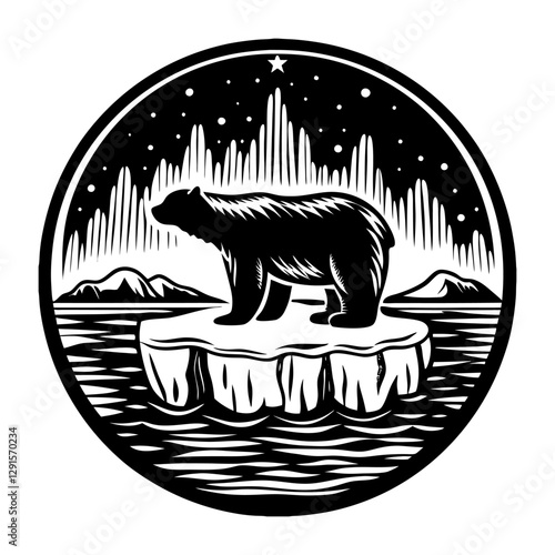 Majestic polar bear standing on a melting ice floe in the arctic ocean at night, surrounded by a starry sky and distant mountains, highlighting climate change's impact