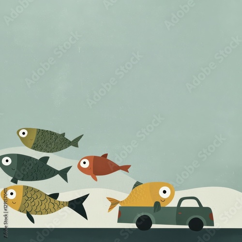 Cute Kawaii Car on a Road Trip with Colorful Fish Friends in a Whimsical Cartoon Style