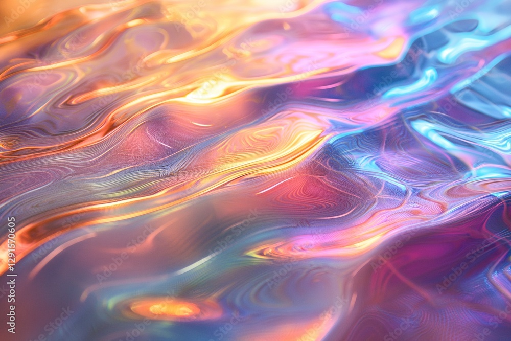 Fototapeta premium Vibrant abstract texture reflecting light in hues of orange, purple, and blue.