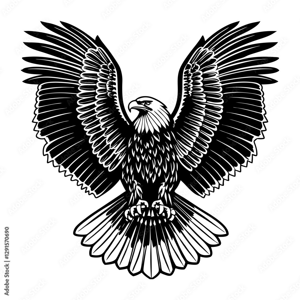 Obraz premium Majestic bald eagle bird with spreading wings, feather and sharp talons in black and white for conveying strength, freedom, and wildlife themes