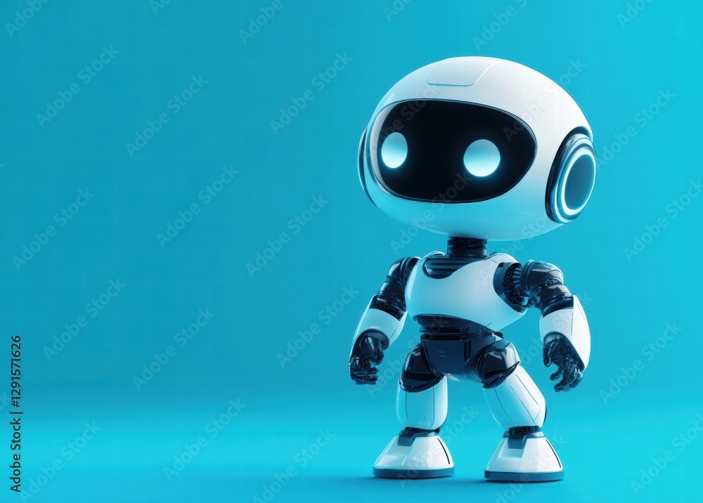 A cute robot image with a blue background. This robot has big eyes and a smiling expression, making it very friendly and approachable. A cute robot image with a blue background. This robot has big eyes and a smiling expression, making it very friendly and approachable.
