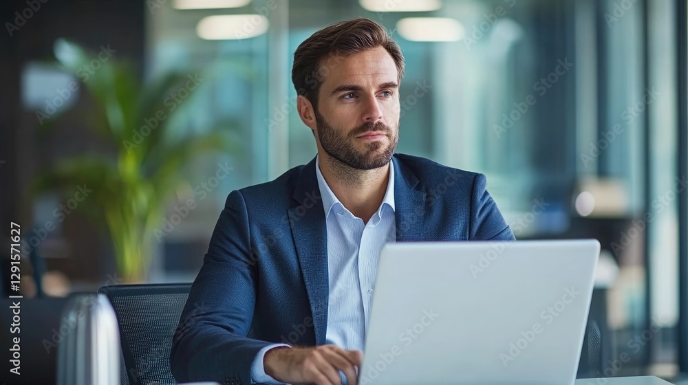 Thoughtful Businessman Working on Laptop in Modern Office Thoughtful Businessman Working on Laptop in Modern Office