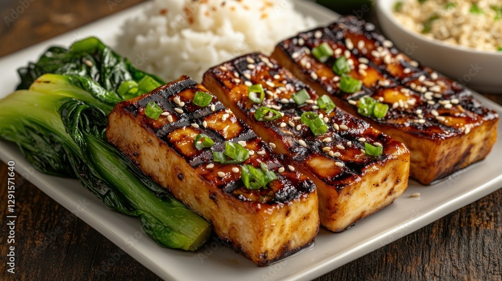 Grilled Tofu with Bok Choy and Rice on Wooden Table Grilled Tofu with Bok Choy and Rice on Wooden Table