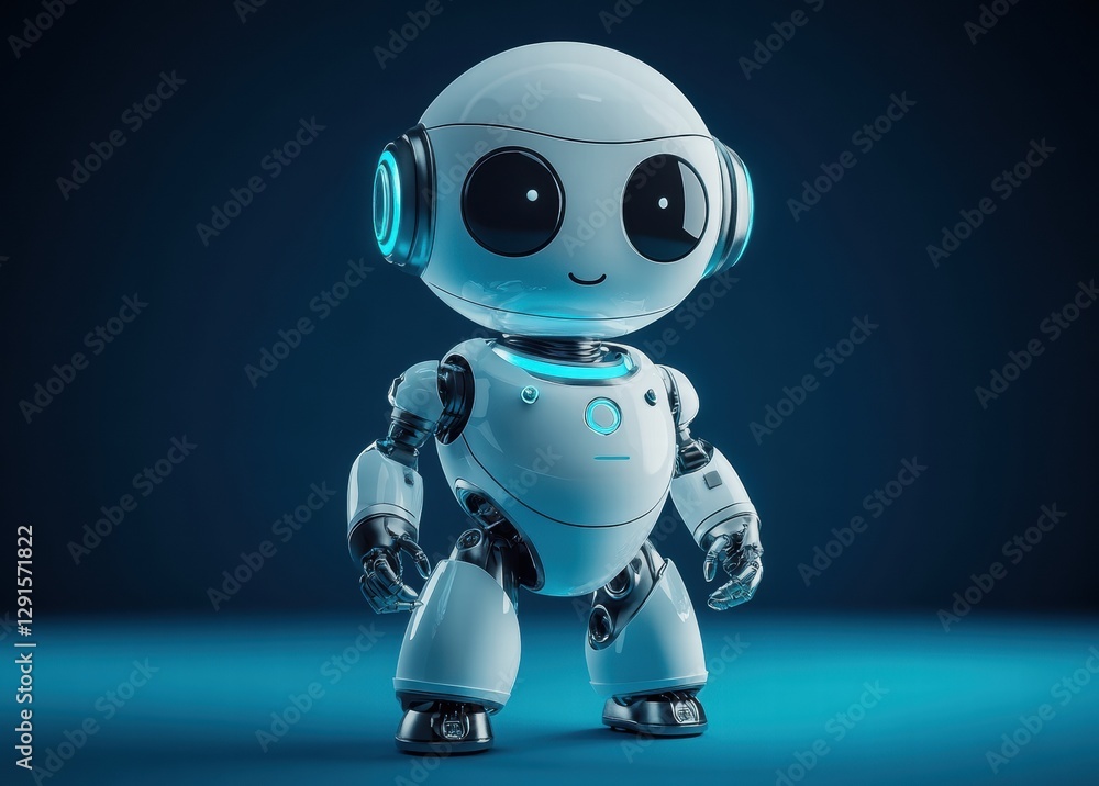 A cute robot image with a blue background. This robot has big eyes and a smiling expression, making it very friendly and approachable. A cute robot image with a blue background. This robot has big eyes and a smiling expression, making it very friendly and approachable.