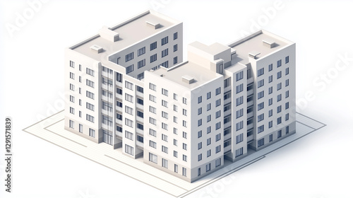 A full-view, isometric architectural model of a light gray apartment complex, featuring modern urban aesthetics with simple yet detailed elements