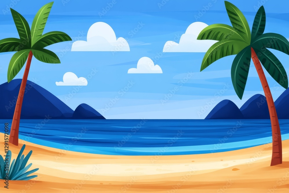 Obraz premium a 2D cartoon illustration of a beach with palm trees and a hammock, tropical and relaxing, white background