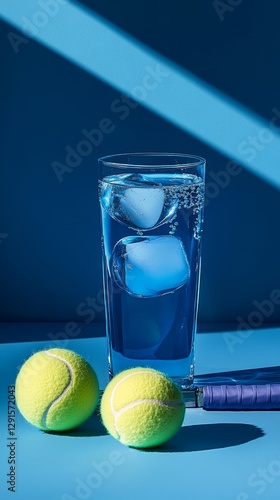 Refreshing Drink With a Yellow Tennis Ball and Striped Straw, Set Against a Blue Background With Tennis Balls Floating Around