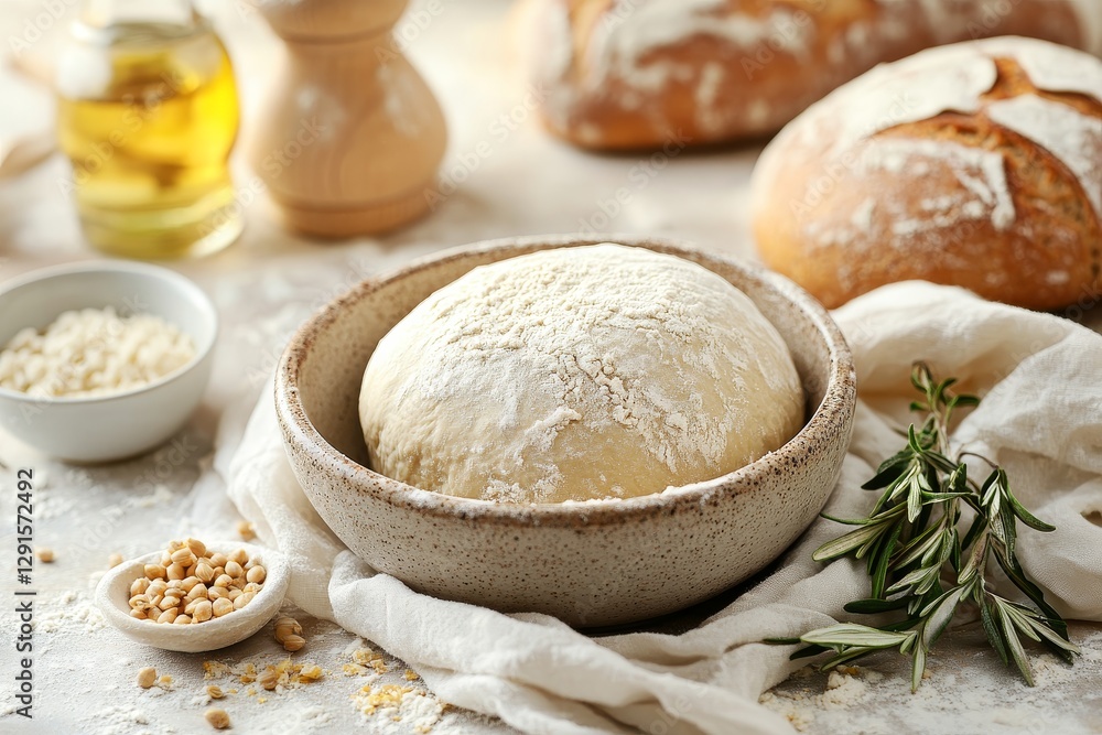 Freshly Mixed Dough Surrounded by Ingredients for Artisan Baking Freshly Mixed Dough Surrounded by Ingredients for Artisan Baking