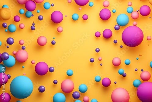 Vibrant colorful spheres scattered on a bright yellow background, a cheerful and playful abstract composition