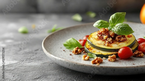 Grilled zucchini slices topped with walnuts, cheese, and basil on a plate;  fresh tomatoes in background photo