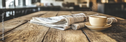Morning coffee, newspaper, wooden table, cafe background.  Perfect for news, breakfast concepts