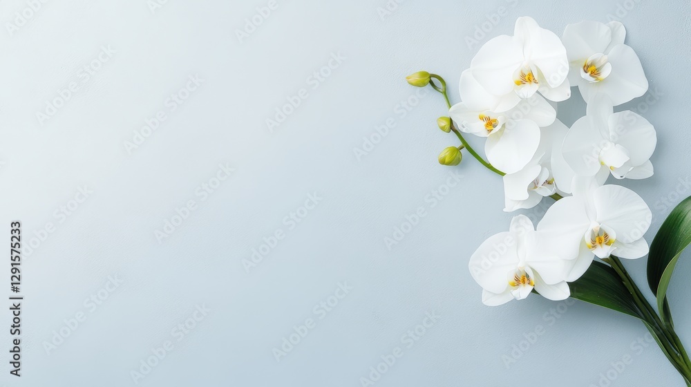 Obraz premium A close-up of elegant white orchids resting against a soft blue background, This serene image is perfect for floral-themed projects, wedding invitations, or wellness content,