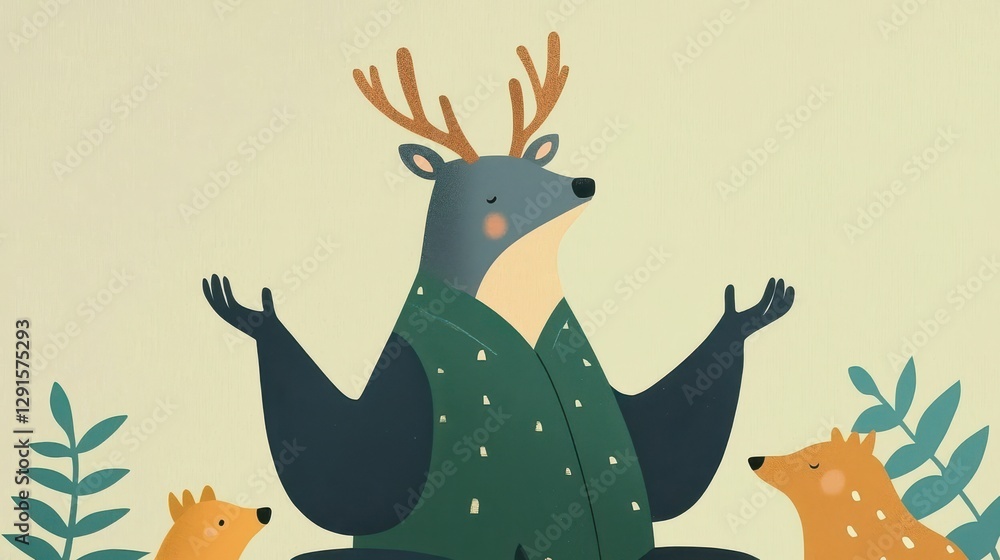 Obraz premium Serene Deer Yoga Instructor Guiding Animals in Tranquil Forest Setting
