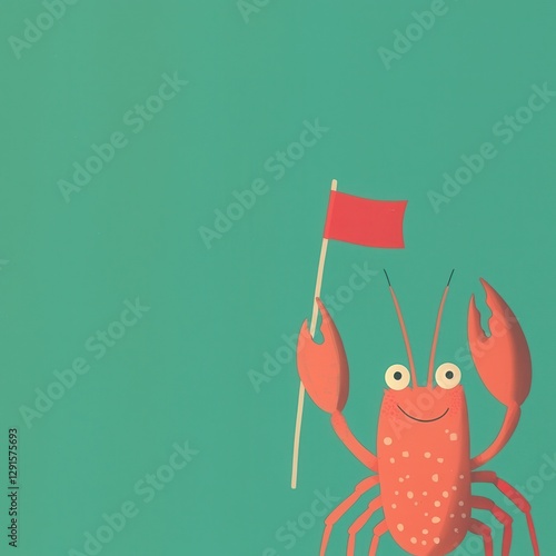 Happy Kawaii Lobster Holding Flag on Coral Background in Bright and Cheerful Colors