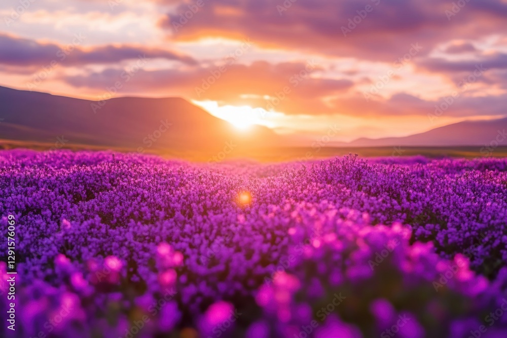 Obraz premium A tranquil sunset illuminating colorful flower fields, inspiring serenity and appreciation among nature enthusiasts and photography aficionados
