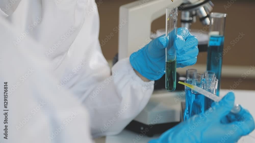 Closeup portrait, scientist pipetting from 50 mL conical tube with blue liquid solution, performing laboratory experiments, isolated lab . Forensics, genetics, microbiology, biochemistry Closeup portrait, scientist pipetting from 50 mL conical tube with blue liquid solution, performing laboratory experiments, isolated lab . Forensics, genetics, microbiology, biochemistry