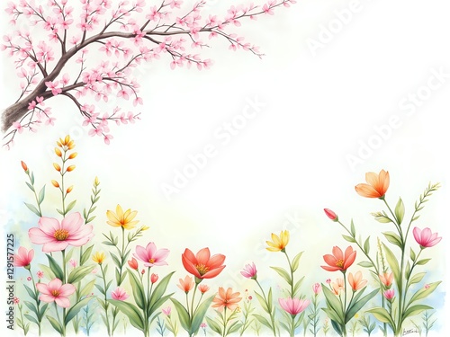 A tranquil floral garden embraced by soft spring blossoms