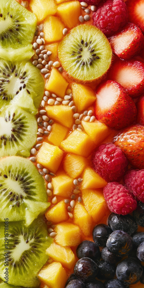 Colorful arrangement of fresh fruits with kiwi, mango, strawberries, raspberries, and blueberries in vibrant rows Colorful arrangement of fresh fruits with kiwi, mango, strawberries, raspberries, and blueberries in vibrant rows