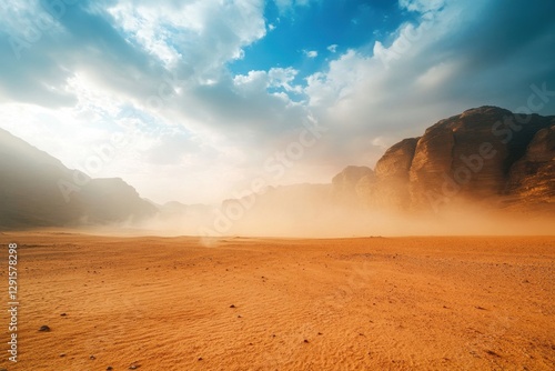 Majestic wadi rum desert view capturing intense sandstorm ambiance in jordan's awe-inspiring terrain for thrill-seeking travelers and nature lovers