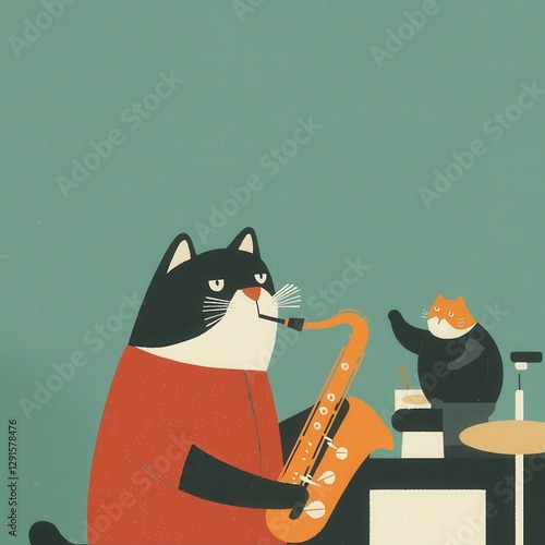 Cute Kawaii Cat Musician Playing Saxophone in a Band Setting, Cartoon Style Illustration