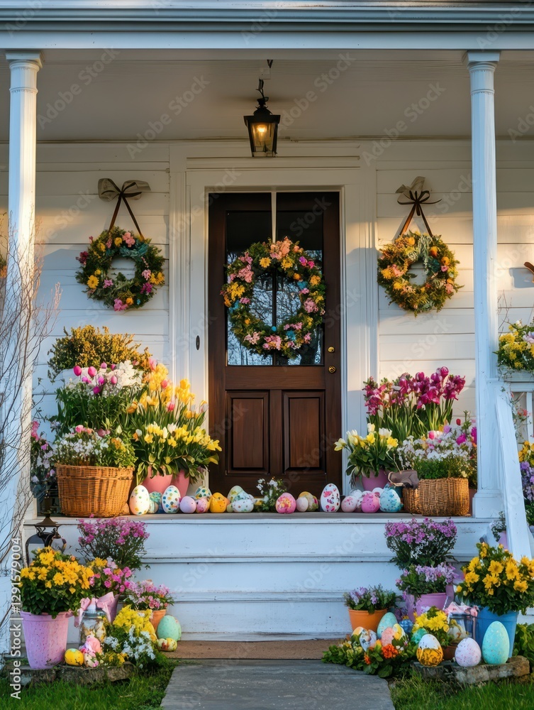 Fototapeta premium Charming Easter front porch, decorated with wreaths, Easter eggs, pastel-colored flowers in pots, welcoming atmosphere, soft light during sunset