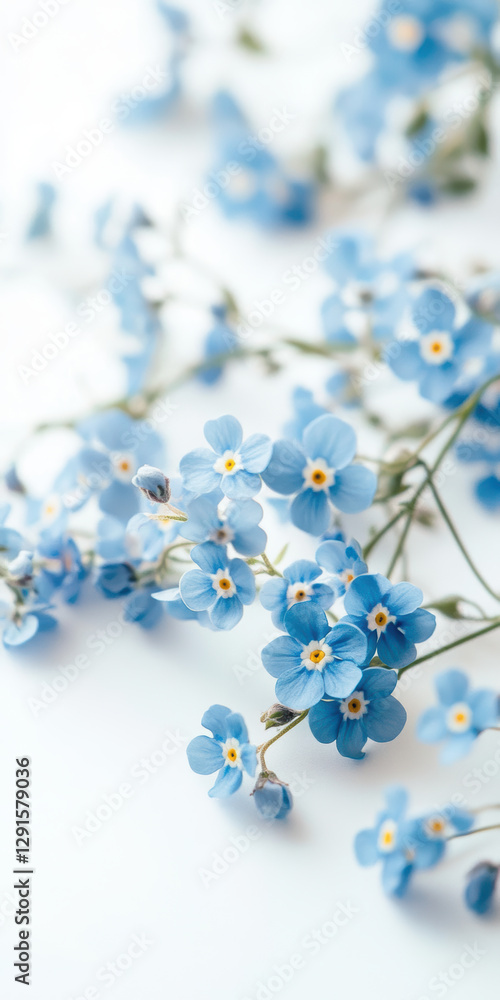 Close up of delicate blue forget me not flowers on a soft white background Close up of delicate blue forget me not flowers on a soft white background