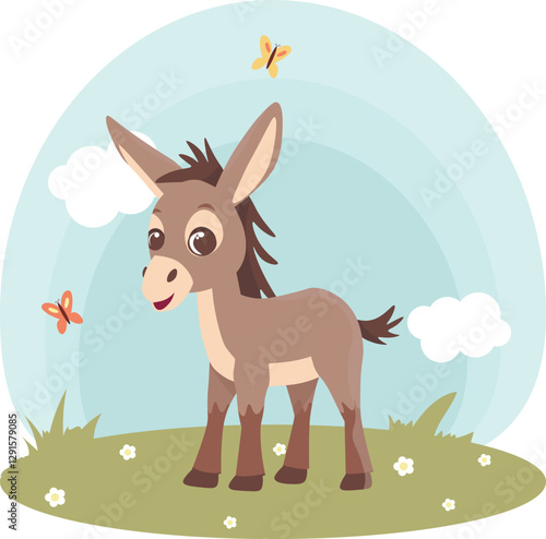 Donkey. Farm animals with landscape - cardboard vector illustration