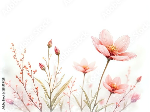 A collection of delicate pink flowers on a soft white background