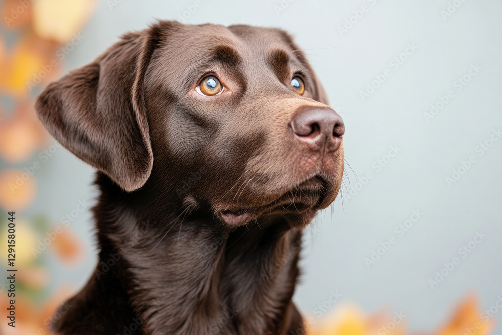 Closeup of a chocolate Labrador retriever with autumn leaves background, peaceful and attentive gaze Closeup of a chocolate Labrador retriever with autumn leaves background, peaceful and attentive gaze