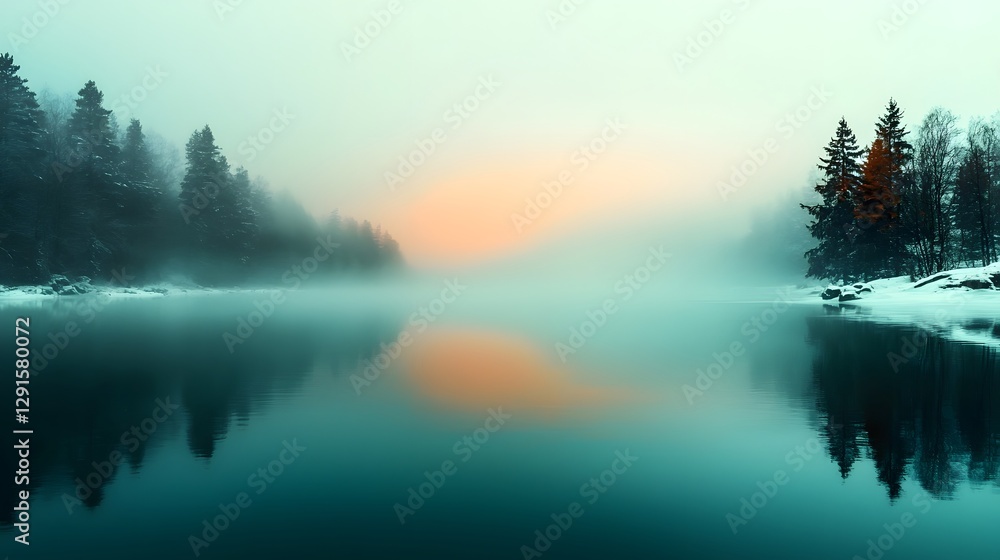 Fototapeta premium Frozen winter lake with icy blue reflections on both sides and soft fading mist in the center creating a serene and peaceful natural landscape scene