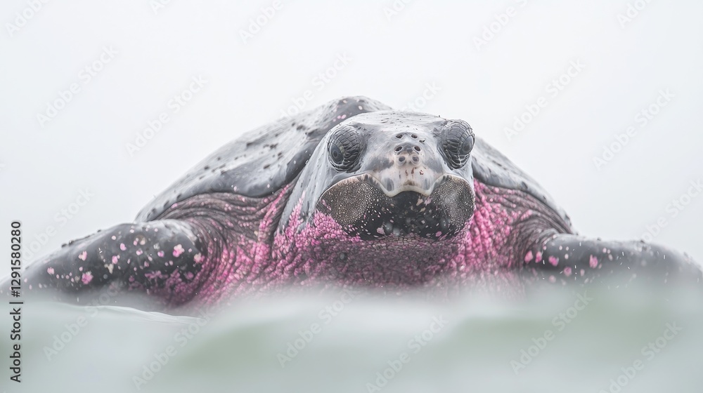 Obraz premium Pink-spotted sea turtle surfacing, ocean, cloudy day, wildlife conservation