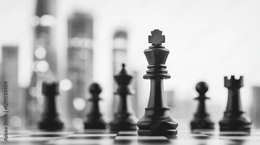 Chess pieces in focus with abstract cityscape background creating symbolic leadership and strategy concept Chess pieces in focus with abstract cityscape background creating symbolic leadership and strategy concept