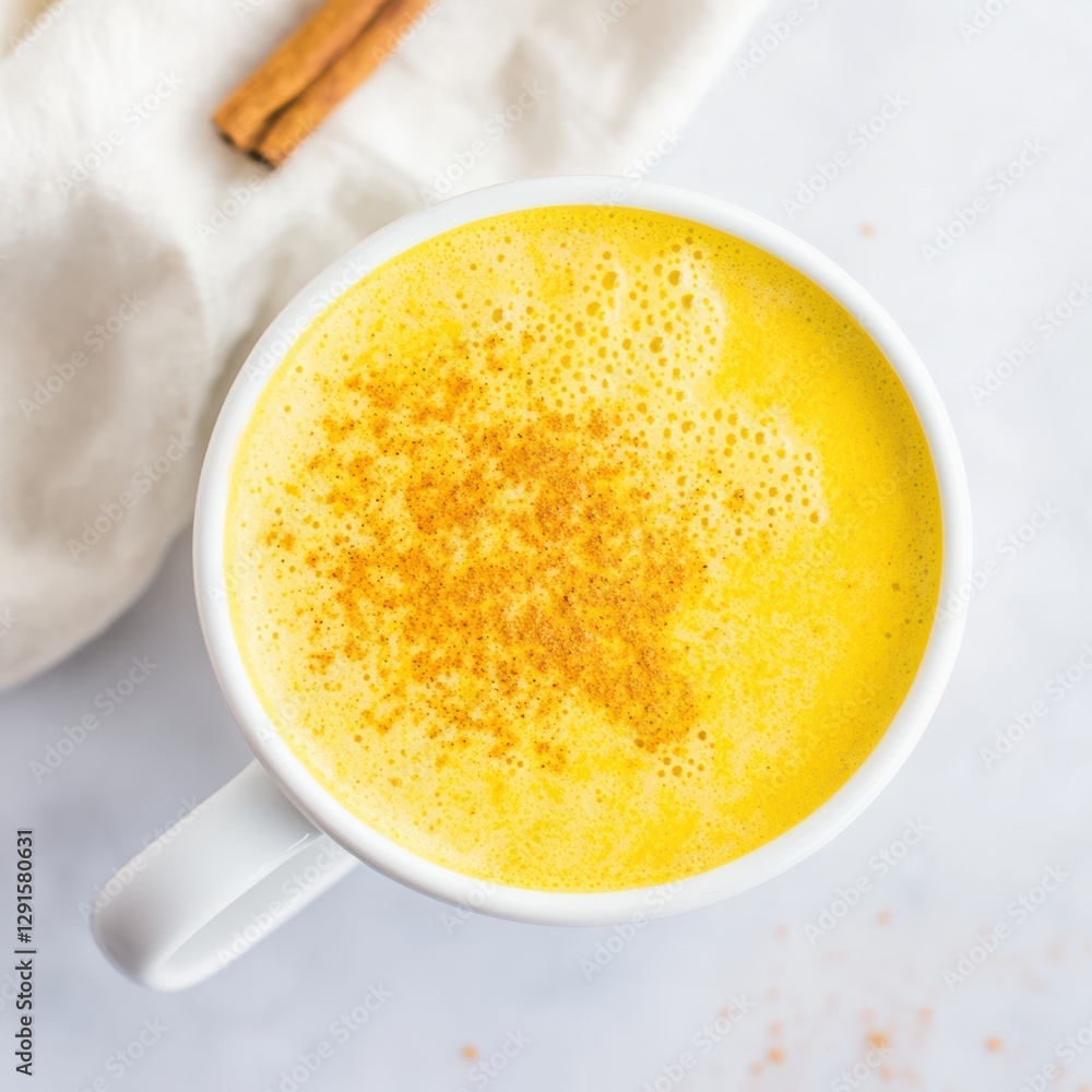 Golden Turmeric Latte in White Mug with Cinnamon Stick and Cream Foam Golden Turmeric Latte in White Mug with Cinnamon Stick and Cream Foam