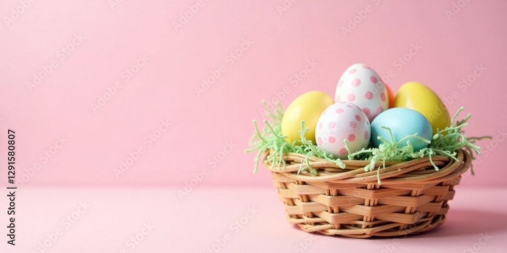 Pastel-colored eggs nestled in a wicker basket against a soft pink background, a charming spring scene. Pastel-colored eggs nestled in a wicker basket against a soft pink background, a charming spring scene.