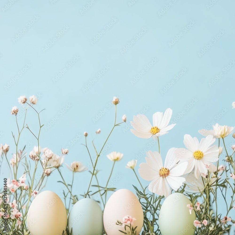Pastel-colored flowers and Easter eggs against a light blue sky Pastel-colored flowers and Easter eggs against a light blue sky