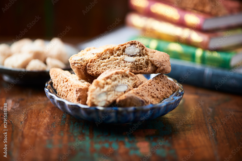 Cantuccini (Italian cookies) on dark wooden background. Close up Cantuccini (Italian cookies) on dark wooden background. Close up