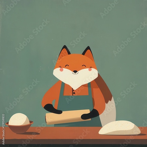 Cute Kawaii Fox Baker Rolling Dough with Pin in Cozy Kitchen Setting