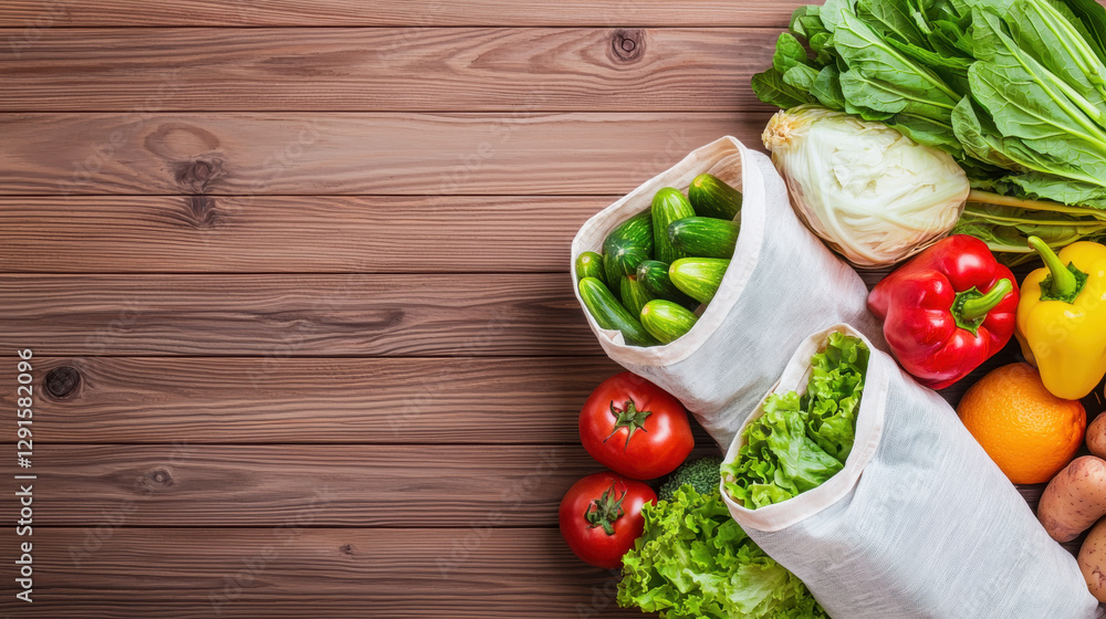 Zero Waste Food, Sustainability concept. Fresh vegetables in reusable bags on a wooden surface. Zero Waste Food, Sustainability concept. Fresh vegetables in reusable bags on a wooden surface.
