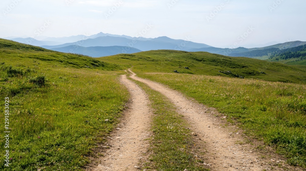 Serene Dirt Pathway Winding Through Lush Green Hills Under Clear Blue Sky in Scenic Mountain Landscape Serene Dirt Pathway Winding Through Lush Green Hills Under Clear Blue Sky in Scenic Mountain Landscape
