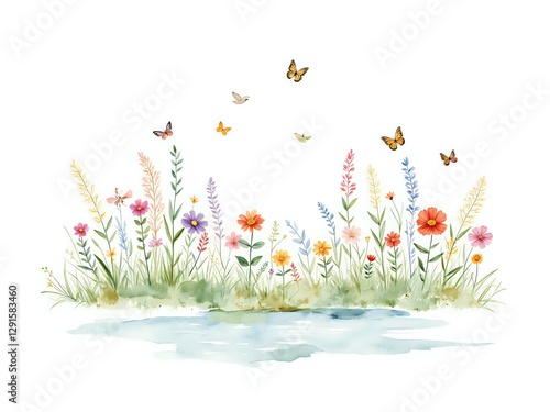 A vibrant meadow with colorful flowers and butterflies
